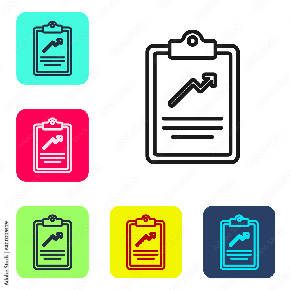 Black line Clipboard with graph chart icon isolated on white background. Report text file icon. Accounting sign. Audit, analysis, planning. Set icons in color square buttons. Vector. Black line Clipboard with graph chart icon isolated on white background. Report text file icon. Accounting sign. Audit, analysis, planning. Set icons in color square buttons. Vector.