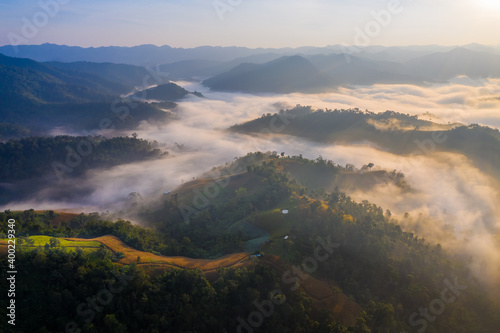 Aerial view of misty mountain landscape in morning in Tak province Thailand © structuresxx