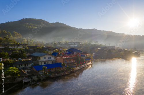 Aerial view tranquil scene of Ban Rak Thai village of migrated Chinese Yunnanese in Mae Hong Son, Thailand