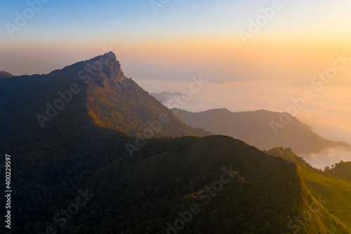 Aerial view of Doi Pha Mon misty mountain landscape view in morning in Chiang Rai province, Thailand