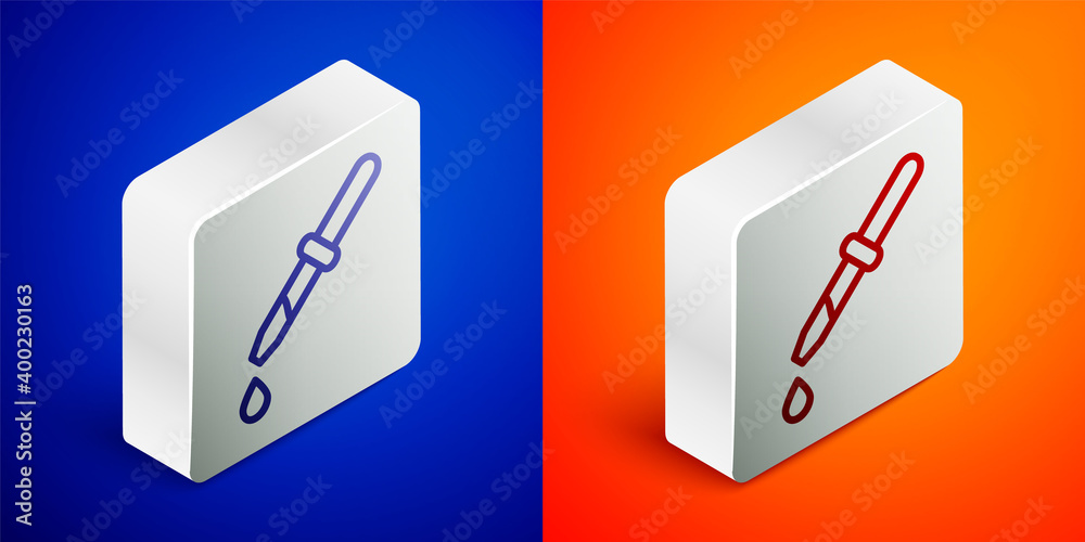Isometric line Pipette icon isolated on blue and orange background. Element of medical, chemistry lab equipment. Pipette with drop. Medicine symbol. Silver square button. Vector. Isometric line Pipette icon isolated on blue and orange background. Element of medical, chemistry lab equipment. Pipette with drop. Medicine symbol. Silver square button. Vector.