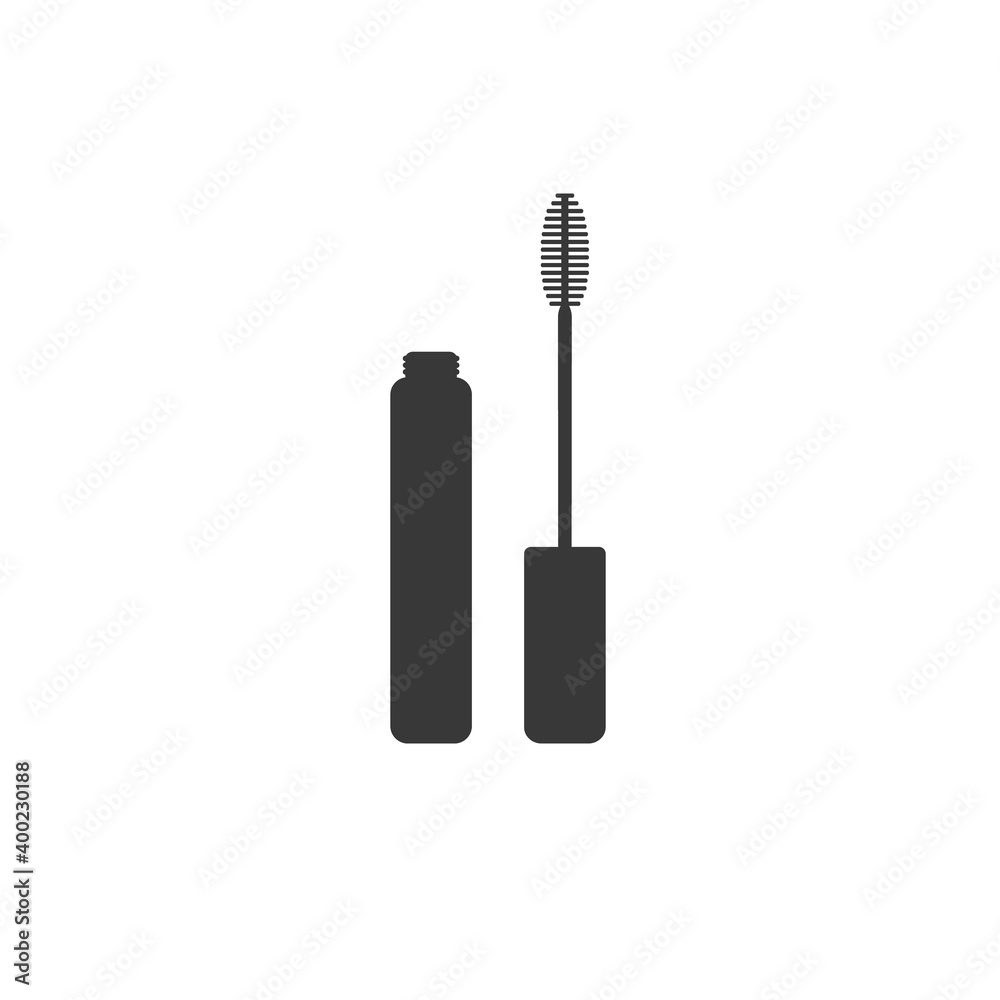 Mascara silhouette icon. Set of separate tube, eyelash brush. Black simple illustration of decorative cosmetics makeup