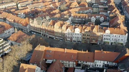 Drone aerial of the city center of Northeim in Niedersachsen Lower Saxony during lockdown of the second covid 19 wave. Empty Streets and a very quite centrum of this historic and traditional old town. photo