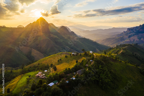 Aerial view of mountain range in Ban Huay hea village in Pang ma pha district in Mae Hong Son, Northern Thailand photo