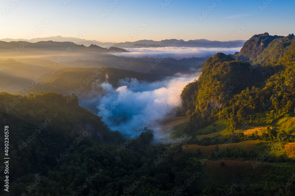Aerial view of beautiful morning scene of mountain range in Bang Cha Po or Ban cha Bo village gi in Pang ma pha district in Mae Hong Son, Thailand
