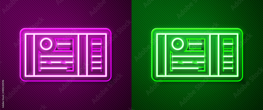 Glowing neon line Train ticket icon isolated on purple and green background. Travel by railway. Vector. Glowing neon line Train ticket icon isolated on purple and green background. Travel by railway. Vector.