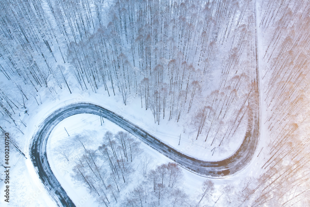 Top view of snow road shot from drone