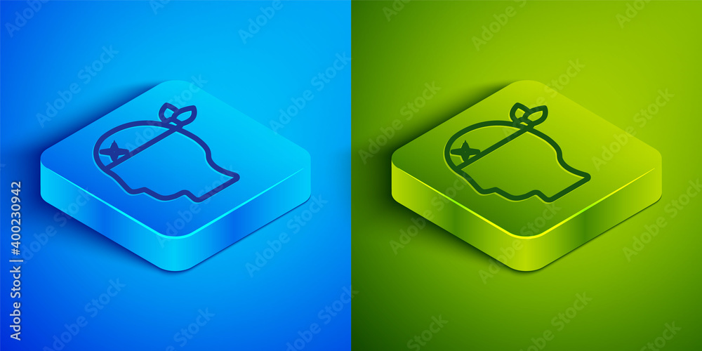 Isometric line Pirate captain icon isolated on blue and green background. Square button. Vector. Isometric line Pirate captain icon isolated on blue and green background. Square button. Vector.