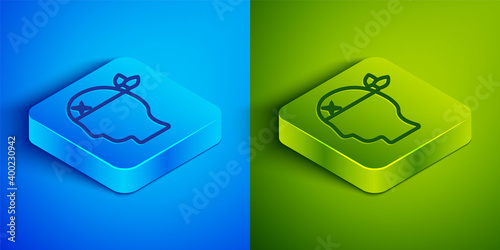 Isometric line Pirate captain icon isolated on blue and green background. Square button. Vector.