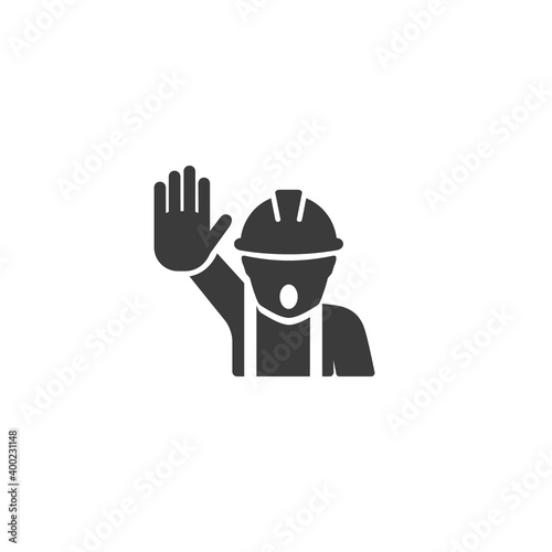 No trespassing sign. Construction worker with outstretched hand showing stop gesture warning vector 