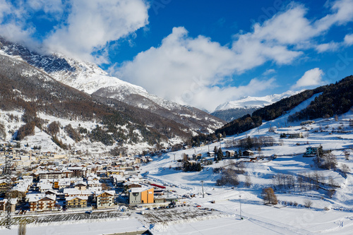 Bormio, Italy, aerial view of the town in winter