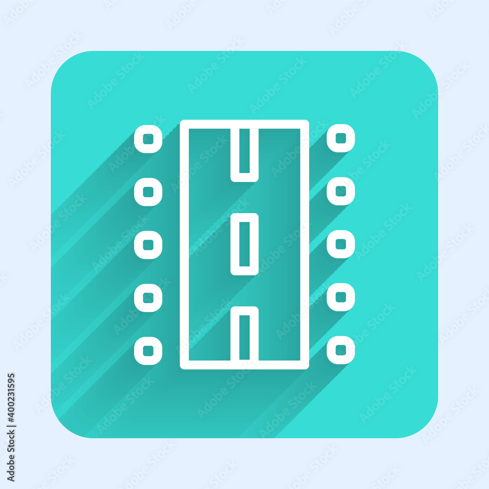 White line Airport runway for taking off and landing aircrafts icon isolated with long shadow. Green square button. Vector. White line Airport runway for taking off and landing aircrafts icon isolated with long shadow. Green square button. Vector.
