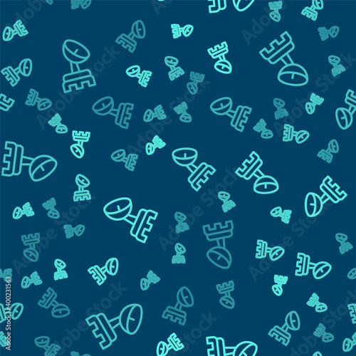 Green line Radar icon isolated seamless pattern on blue background. Search system. Satellite sign. Vector.