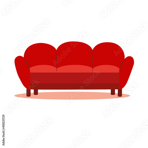 Comfortable red sofa on white background. Isolated red couch lounge in interior. Vector flat cartoon style illustration.