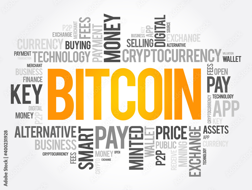 Bitcoin word cloud collage, business concept background