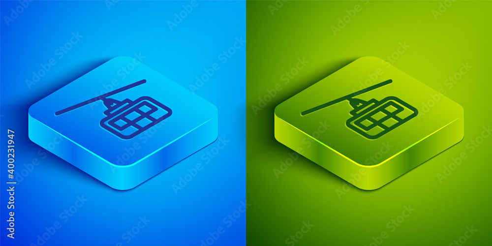 Isometric line Cable car icon isolated on blue and green background. Funicular sign. Square button. Vector. Isometric line Cable car icon isolated on blue and green background. Funicular sign. Square button. Vector.