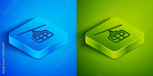 Isometric line Cable car icon isolated on blue and green background. Funicular sign. Square button. Vector.