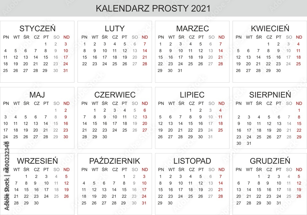 Polish Calendar 2021, Kalendarz polski 2021, monthly planning, Polish calendar template for year 2021, set of 12 months, simple calendar vector