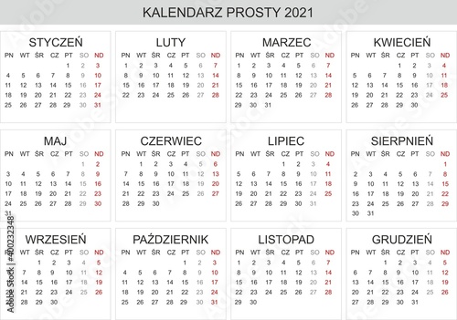 Polish Calendar 2021, Kalendarz polski 2021, monthly planning, Polish calendar template for year 2021, set of 12 months, simple calendar vector