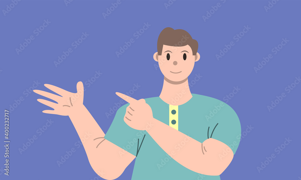 Illustration vector graphic of man cartoon character with pointing pose in flat design. Business concept. Blue background. Perfect for business promotion, management, marketing.