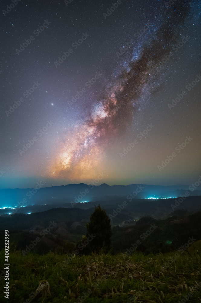 Vertical milkyway rise over the hill in Tak province, Thailand