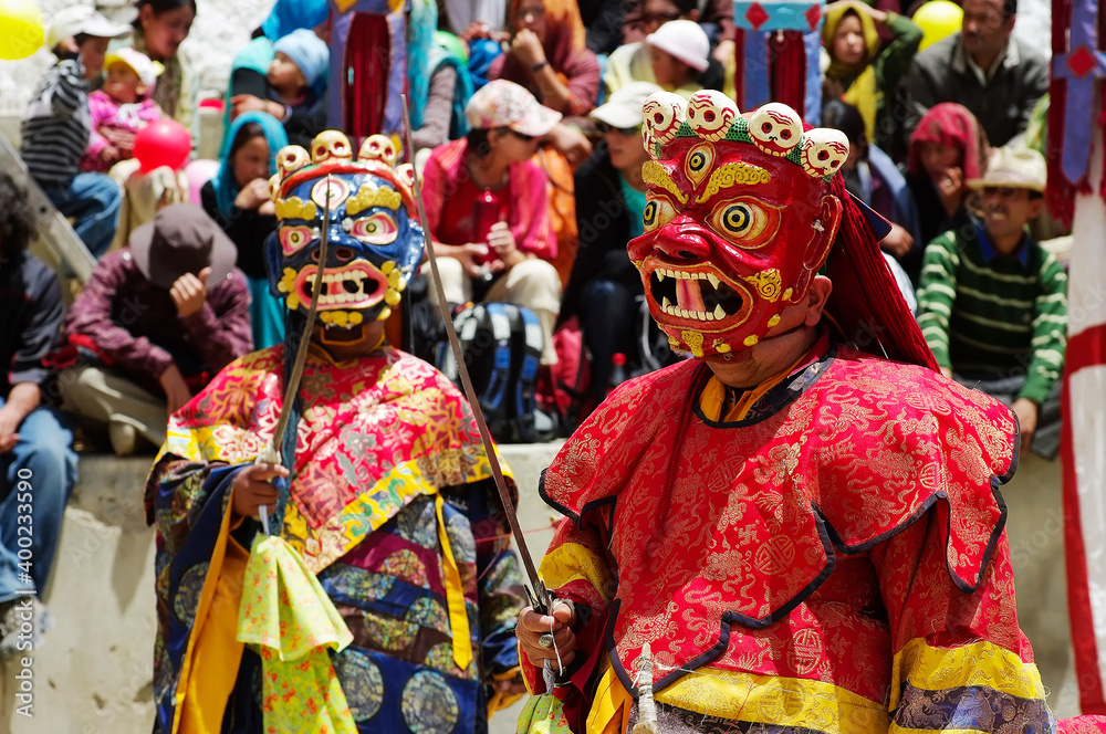 Tibetan dance Cham (tsam), Tibetan masks of gods and demons, Tibetan Buddhism, Tibet, Ladakh