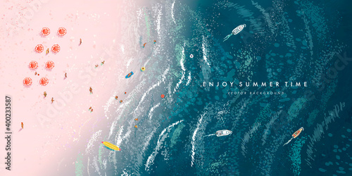 Realistic summer elements on a beach background. Vector illustration