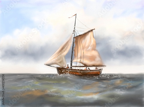 Watercolor paintings sea landscape  sailing ship. 