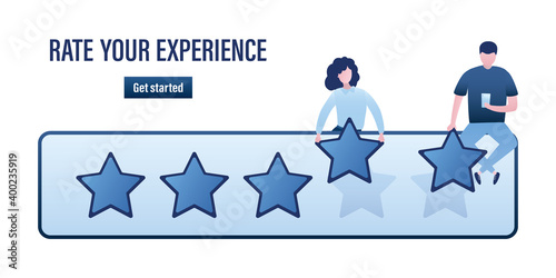 Consumers puts five stars rating. Positive review. Rate your experience- landing page template. Testimonials, customer feedback.