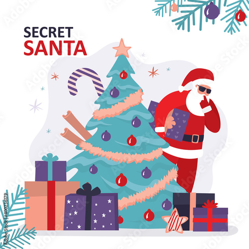 Christmas greeting card with santa claus. Grandfather in red costume shushing with finger. Christmas tree decorated with different tinsel and toys