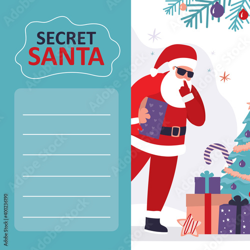 Secret santa printable banner. Christmas greeting card with Santa Claus. Funny grandfather in red costume.