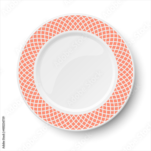 Empty classic white vector plate with orange pattern isolated on white background. View from above.