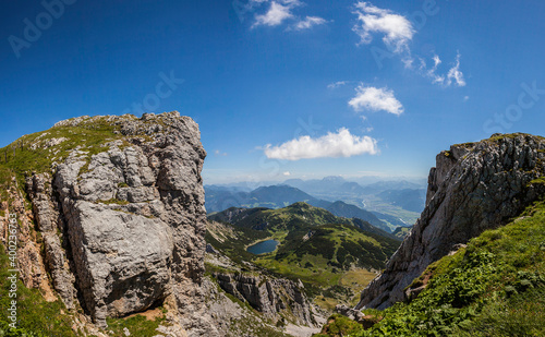 Mountain panorama view of lake Zireiner See in Tyrol, Austria