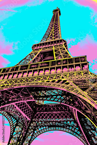 Bottom view of Eiffel Tower made of iron in Art Nouveau style at Paris. The French capital known as the City of Light. Blacklight Poster filter.