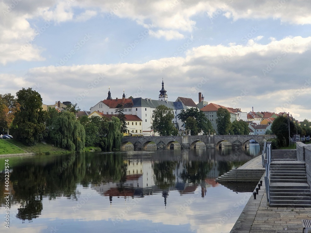 View of the old part of the town of Pisek and a medieval stone bridge in southern Bohemia, Czech Republic
