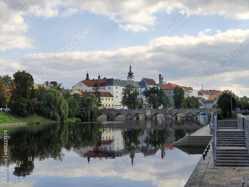 View of the old part of the town of Pisek and a medieval stone bridge in southern Bohemia, Czech Republic