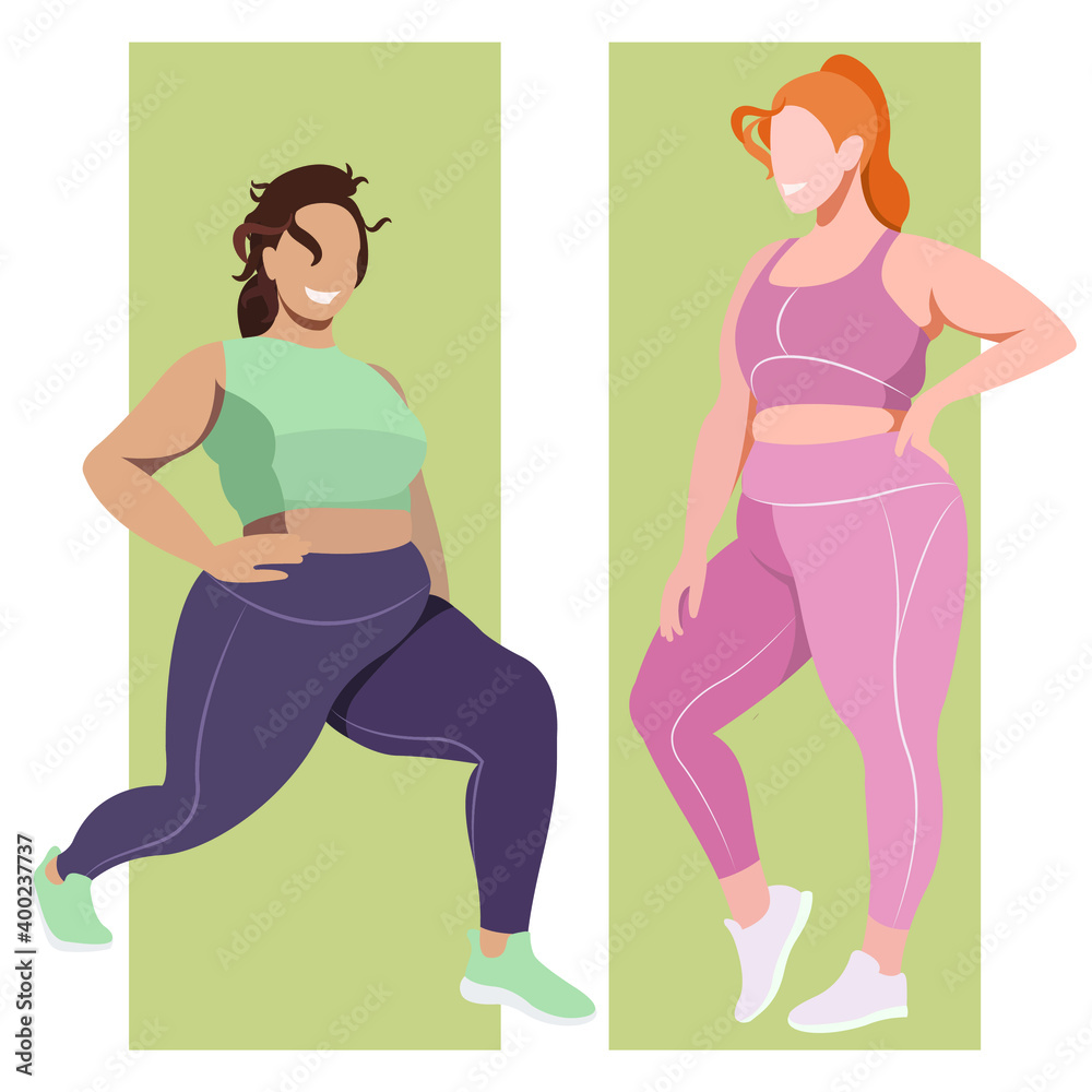 vector illustration on the theme of body positive. active cheerful active girls plus size in sports uniforms (leggings and sports sconces). my body is my business. love your body. sport girls vector illustration on the theme of body positive. active cheerful active girls plus size in sports uniforms (leggings and sports sconces). my body is my business. love your body. sport girls