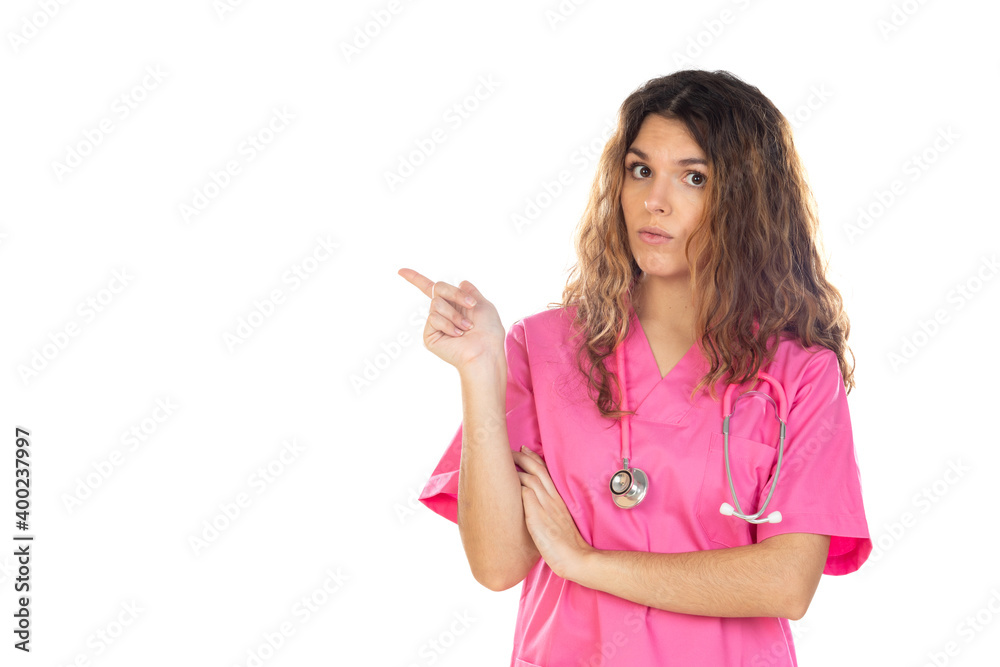 Attractive doctor wearing a pink uniform Attractive doctor wearing a pink uniform
