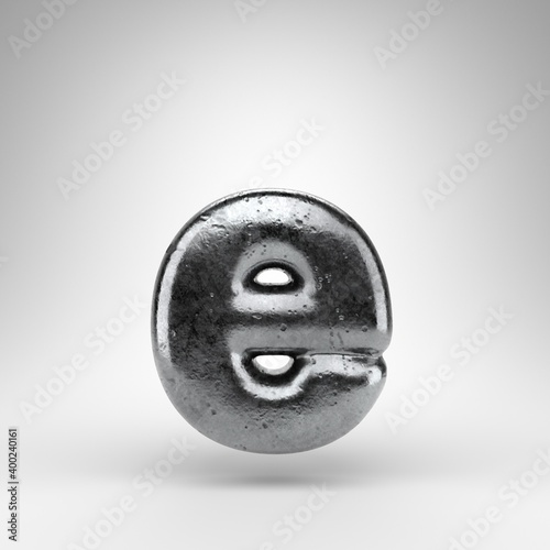 Letter E lowercase on white background. Iron 3D letter with gloss metal texture.