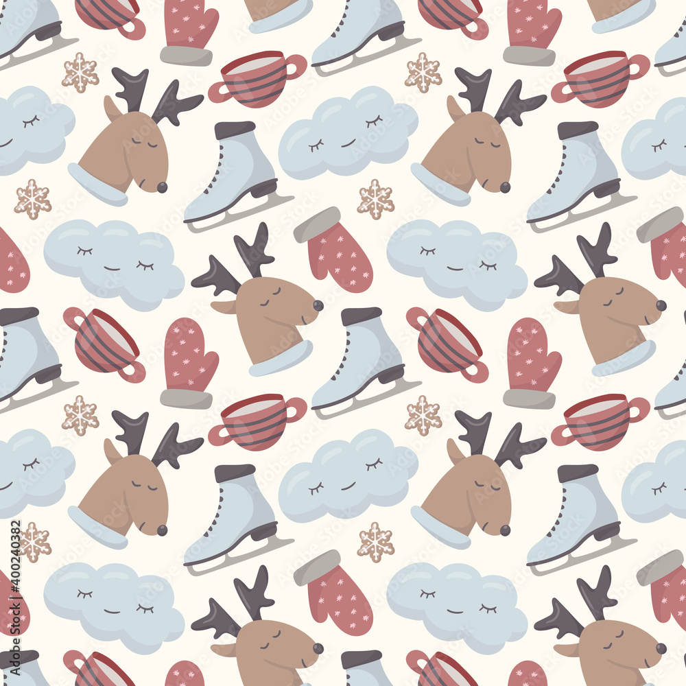 Obraz premium Vector seamless christmas pattern. Isolated cute doodle winter images. New year decoration for background or wrapping paper.