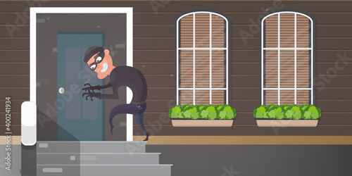 The robber is trying to crack the door. The thief is sneaking into the house. Security concept. Vector illustration.
