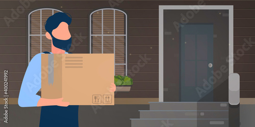 Man is holding a large box. Parcel delivery home banner. Cconcept of delivery of goods, parcels and goods at home. Vector.