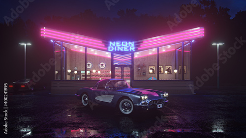 Neon diner and retro car late at night. Fog, rain and colour reflections on asphalt. 3d illustration