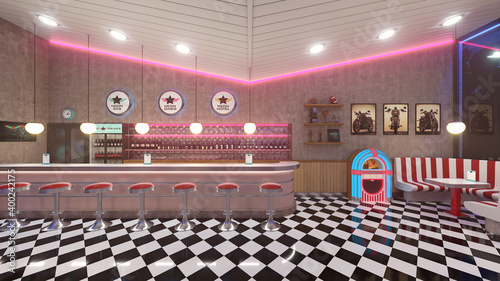 Retro diner interior with a tile floor, neon illumination, jukebox and art deco style bar stools. 3d illustration. photo