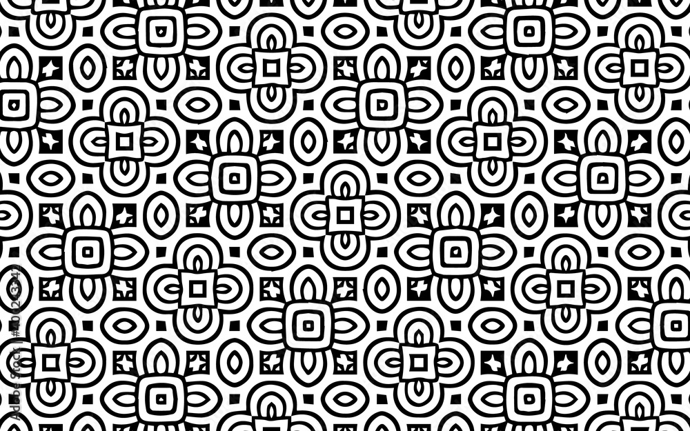 Creative black white background from a pattern of flowers from geometric shapes in folk ethnic style.Vector graphics for design and decor, wallpaper, business cards, textiles and coloring book. Creative black white background from a pattern of flowers from geometric shapes in folk ethnic style.Vector graphics for design and decor, wallpaper, business cards, textiles and coloring book.
