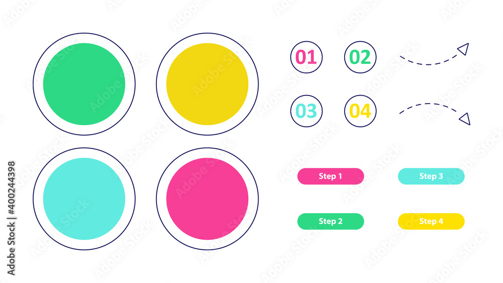 Blank bright vector infographic elements set. Flowchart presentation template design. Data visualization with 4 steps. Process timeline chart collection. Icons pack for info workflow layout