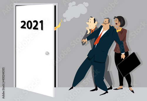 Worried and terrified business people looking at a opening door with 2021 on it, symbolizing the beginning of a new troubling year, EPS 8 vector illustration	
