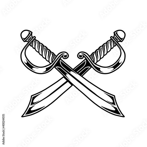 Illustration of crossed pirate swords in engraving style. Design element for poster, card, banner, sign. Vector illustration