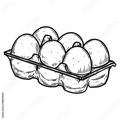 Illustration of box with eggs in engraving style. Design element for poster, card, banner, sign. Vector illustration