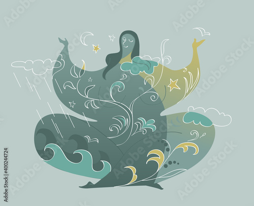 Female character sitting in a meditative pose, ornamental nature designs connecting her with the environment, EPS 8 vector illustration, no transparencies 